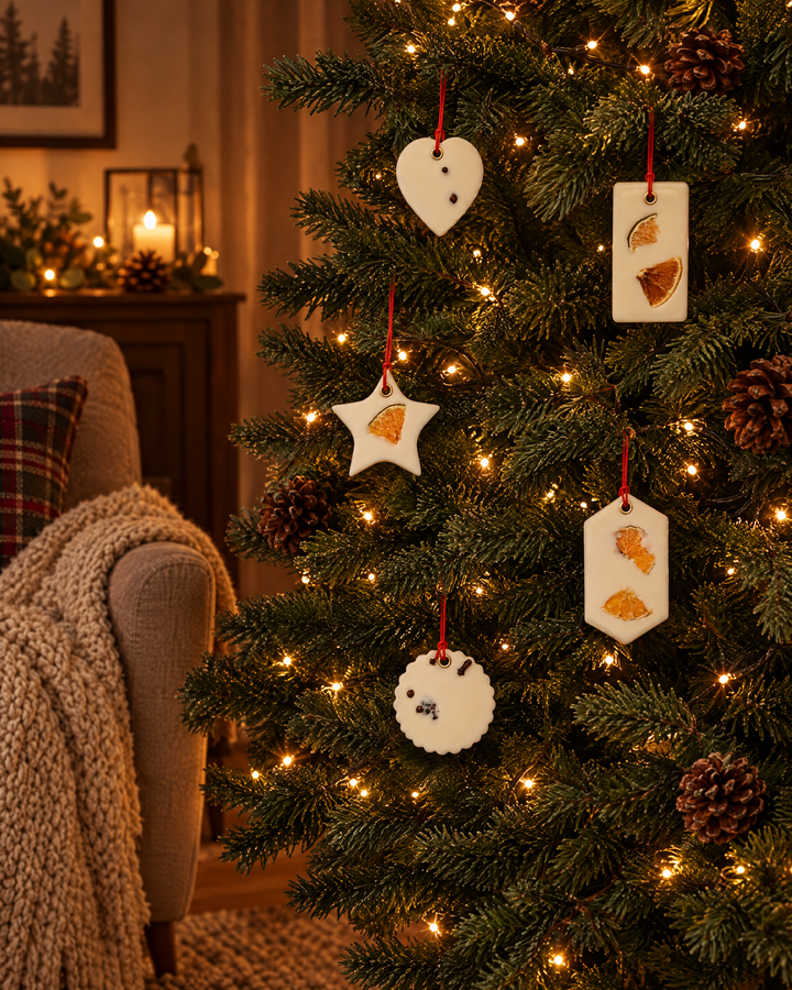 Mini Wax Chalet scented wax ornaments hanging on a Christmas tree