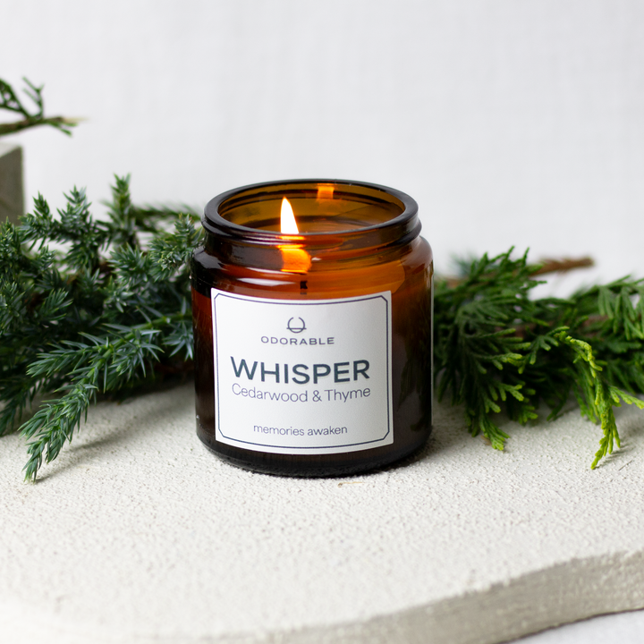 Scented candle Whisperwith cedarwood & thyme fragrance made of soy wax and fine fragrances